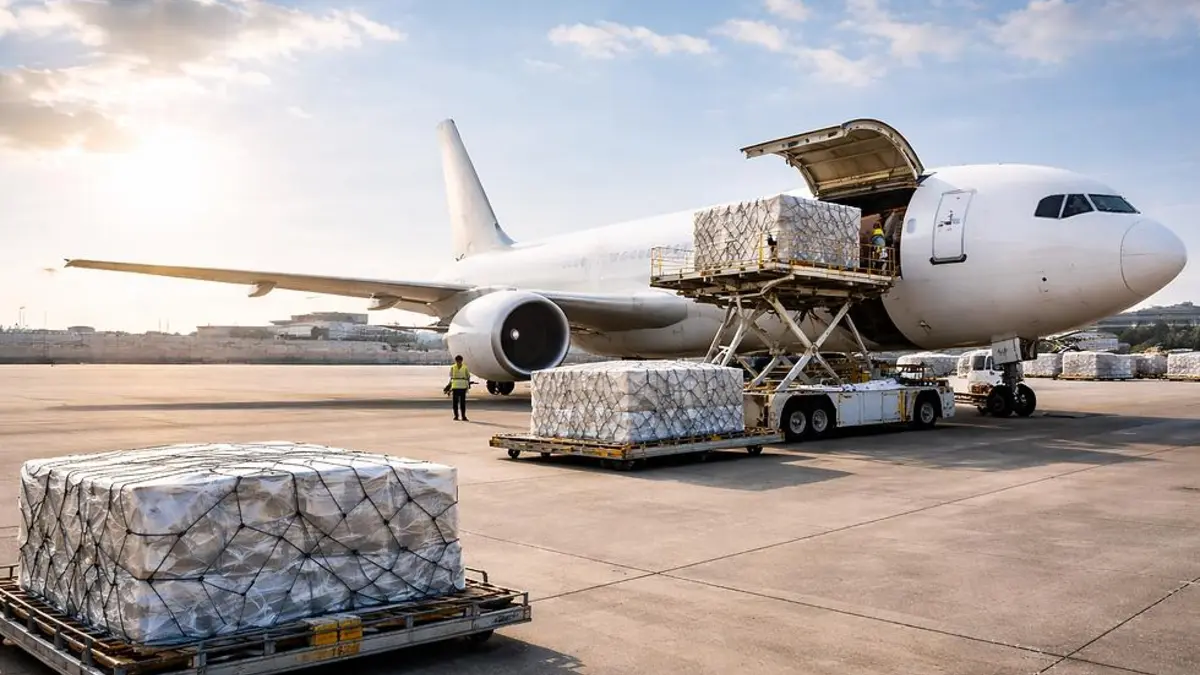 Palletised cargo being loaded into a freighter aircraft on an airport apron